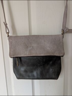 Ethiopian Suede Leather Foldover Crossbody Bag Two-tone in Gray & Black/Blue